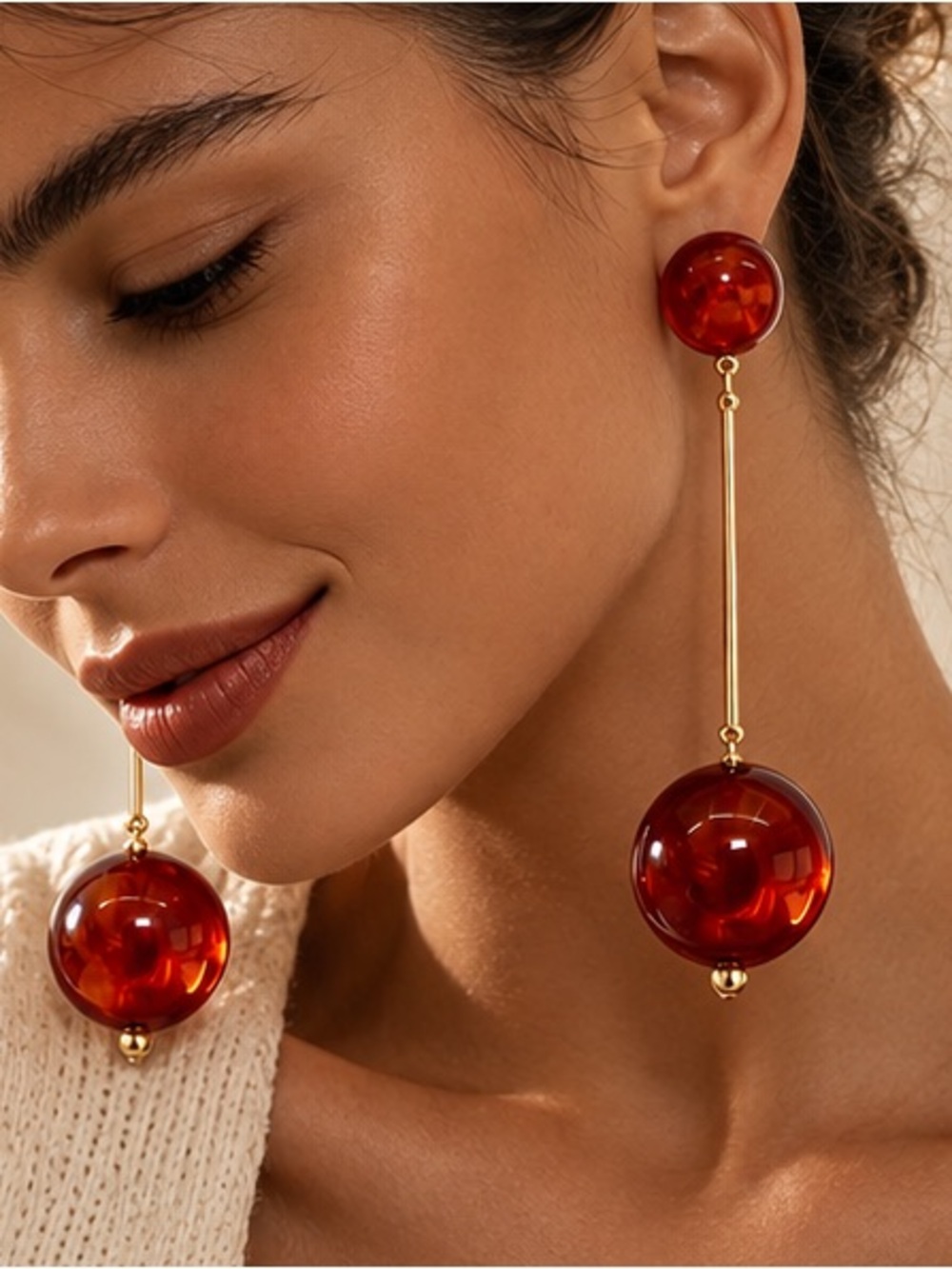Amber  Ball & Gold Bar Long Statement Drop Earrings